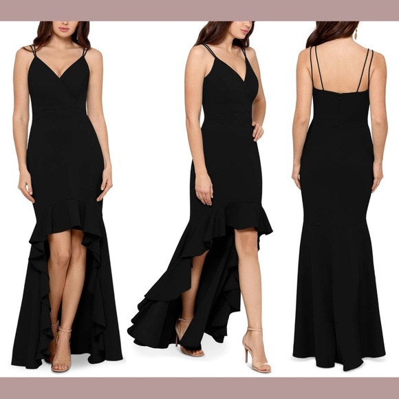 NWT Xscape V-Neck High-Low Flounce Gown in Black [SZ‎ 10 ] - Picture 1 of 12